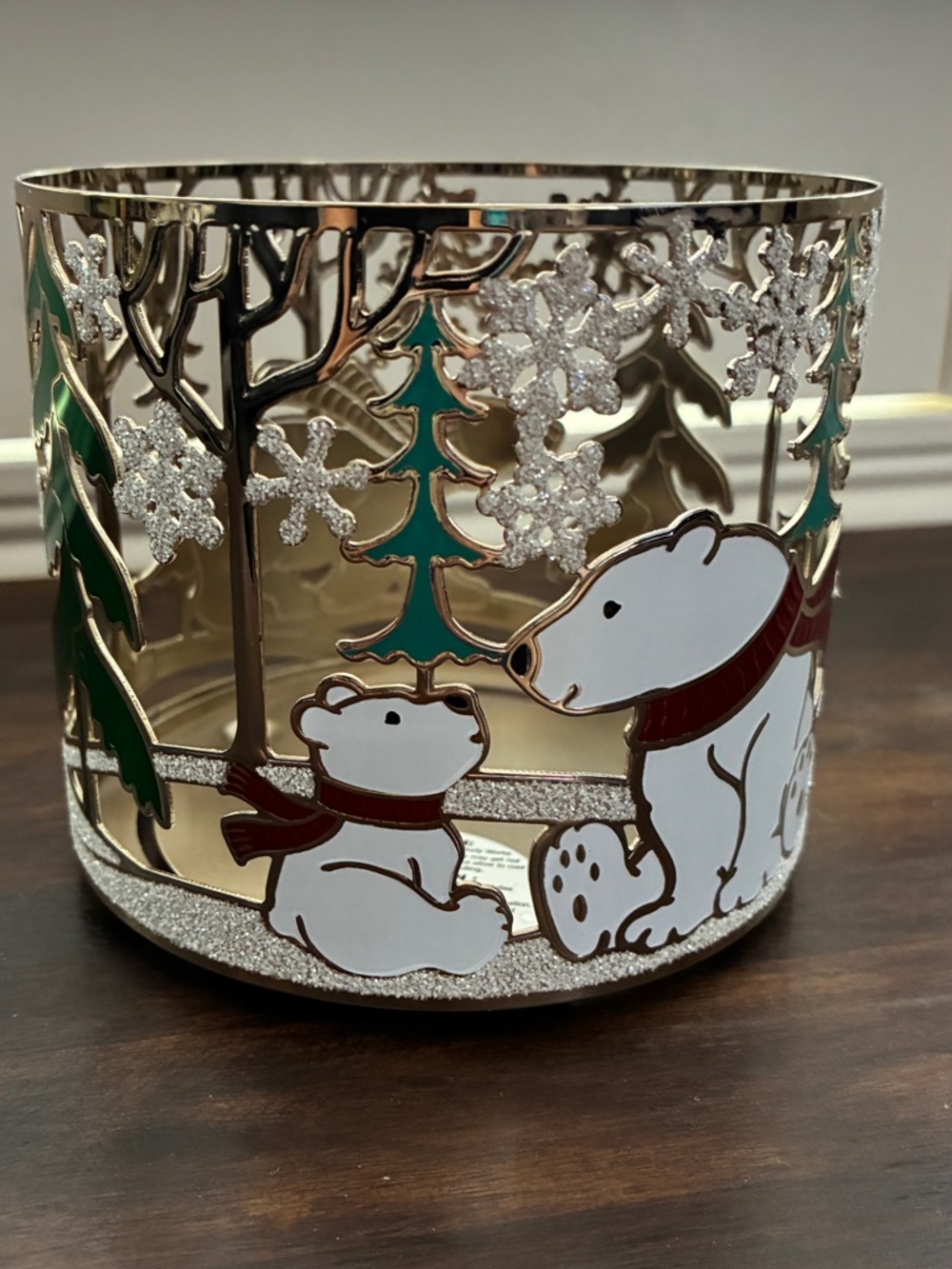 Bath & Body Works Gold & White Polar Bear Winter Candle Holder